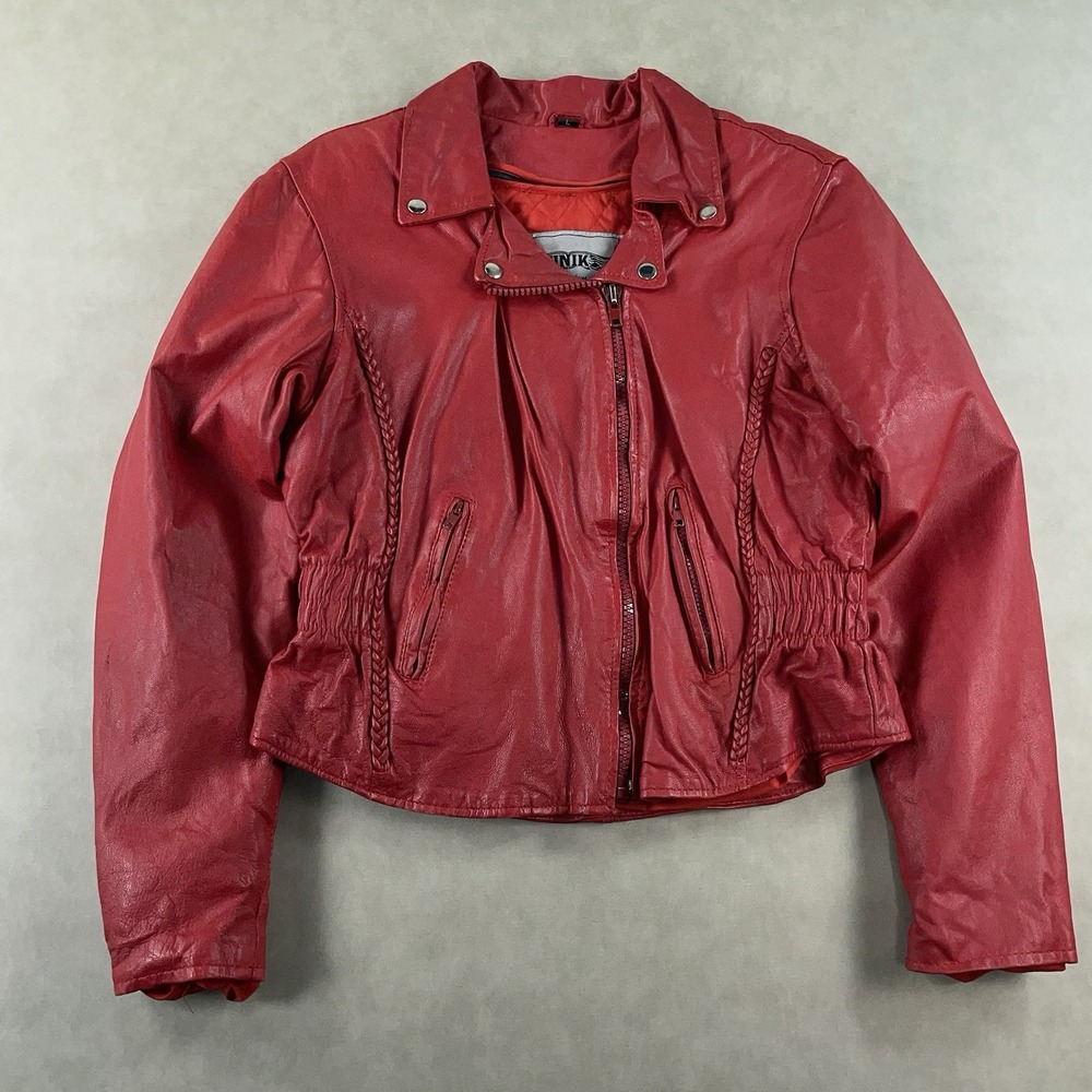 Unik Ultra Red Womens Leather Motorcycle Jacket Removable Liner Large Braid Trim - Picture 1 of 16